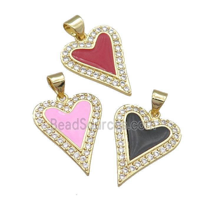 copper heart pendant pave zircon, enamel, gold plated, mixed