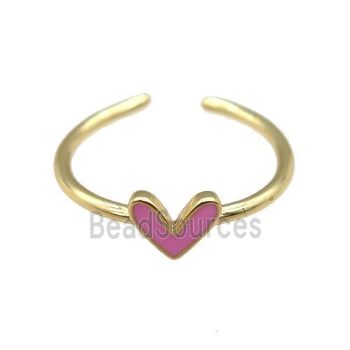 copper Ring with pink enamel heart, gold plated