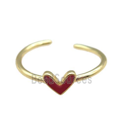 copper Ring with red enamel heart, gold plated