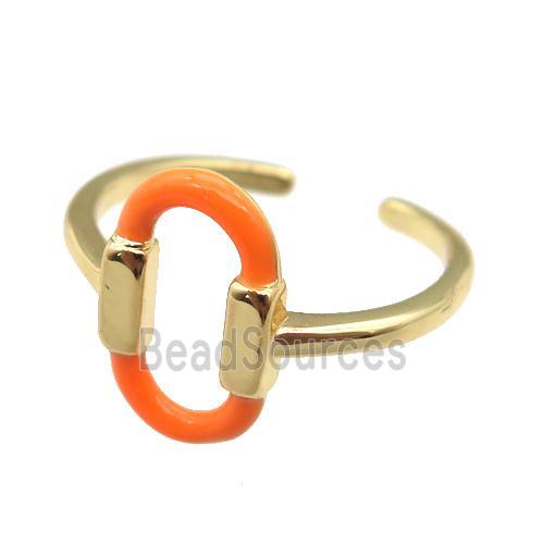 copper Ring with orange enamel oval, gold plated