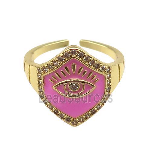 copper Ring with pink enamel, eye, gold plated