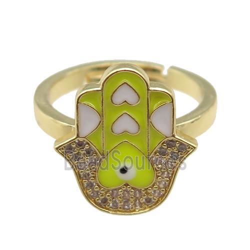 copper Ring pave zircon with yellow enamel hamsahand, gold plated