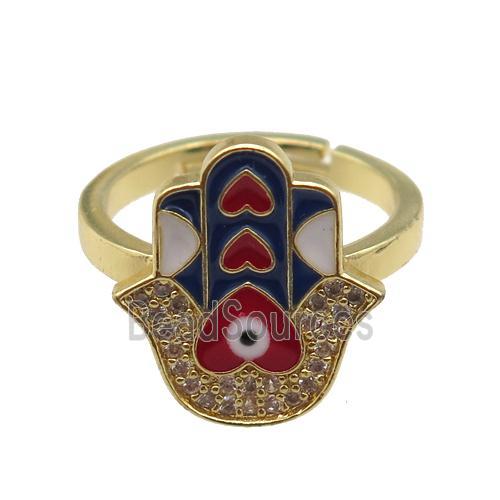 copper Ring pave zircon with enamel hamsahand, gold plated