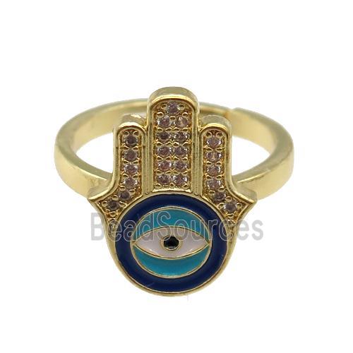 copper Ring pave zircon with enamel evil eye, hamsahand, gold plated