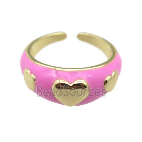 copper Ring with pink enamel, heart, gold plated