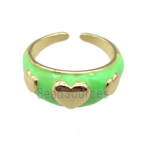 copper Ring with green enamel, heart, gold plated