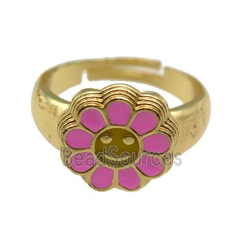 copper Ring with pink enamel daisy, adjustable, gold plated