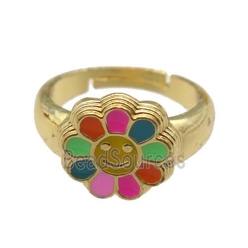 copper Ring with enamel daisy, adjustable, gold plated