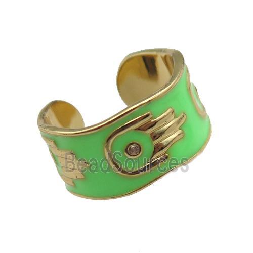 copper Ring with green enamel, hand, gold plated