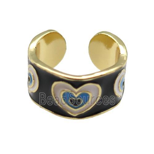 copper Ring with black enamel, heart, gold plated