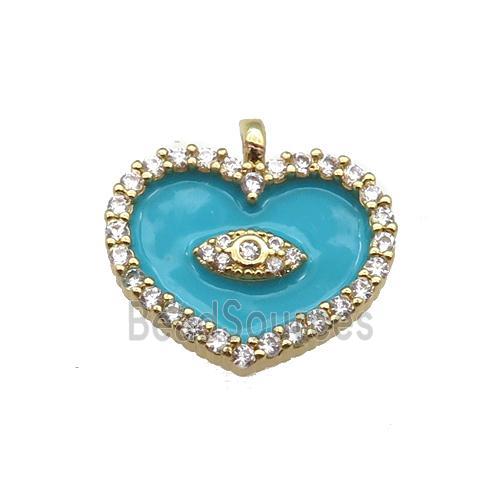 copper Heart pendant paved zircon with teal enamel, gold plated