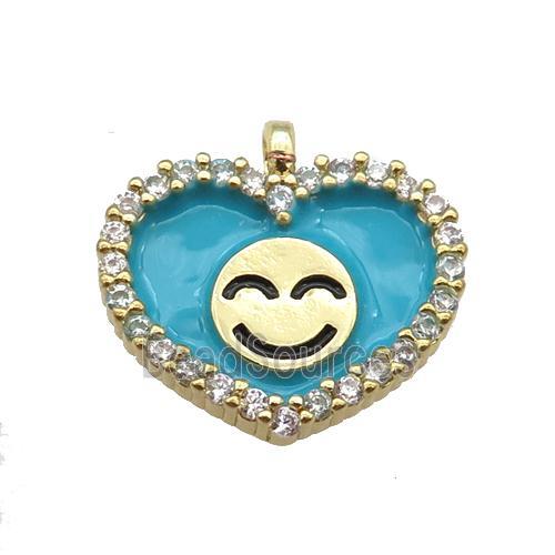 copper Heart pendant paved zircon with teal enamel, happiness face, gold plated