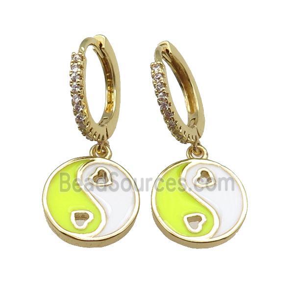 copper Hoop Earrings with yellow enamel Taichi, yinyang, gold plated