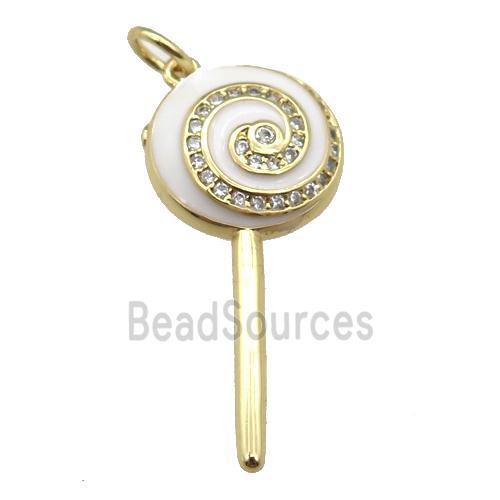 copper Lollipop pendant paved zircon with white enamel, gold plated