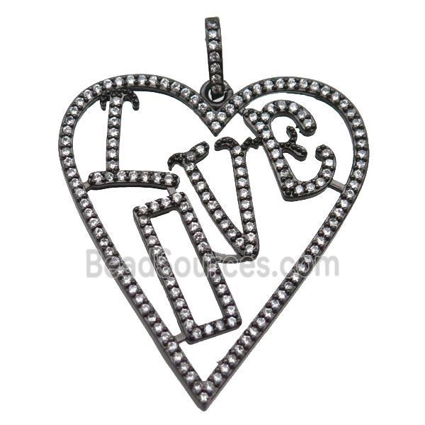 copper Heart pendant paved zircon, LOVE, black plated