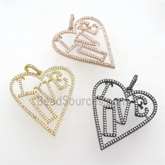 copper Heart pendant paved zircon, LOVE, mixed