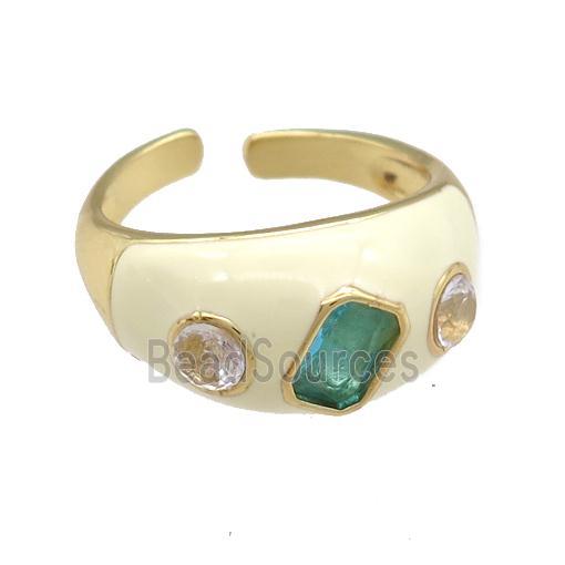 copper Rings paved zircon with white enamel, gold plated