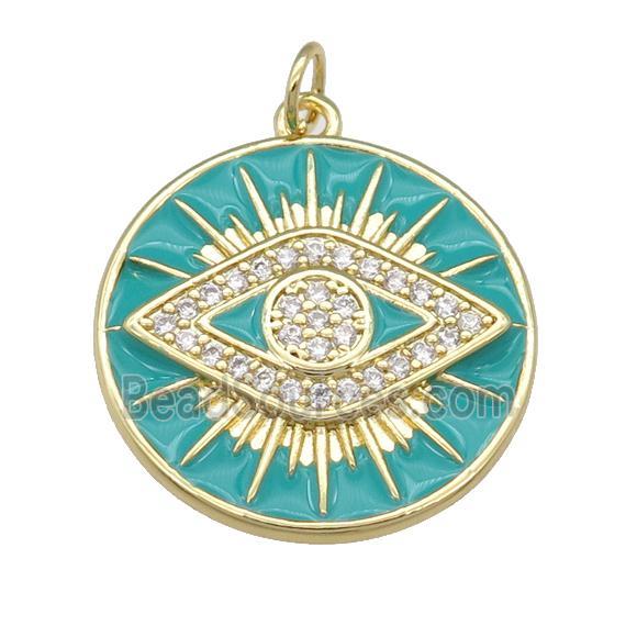 copper Circle Eye pendant paved zircon with teal enamel, gold plated