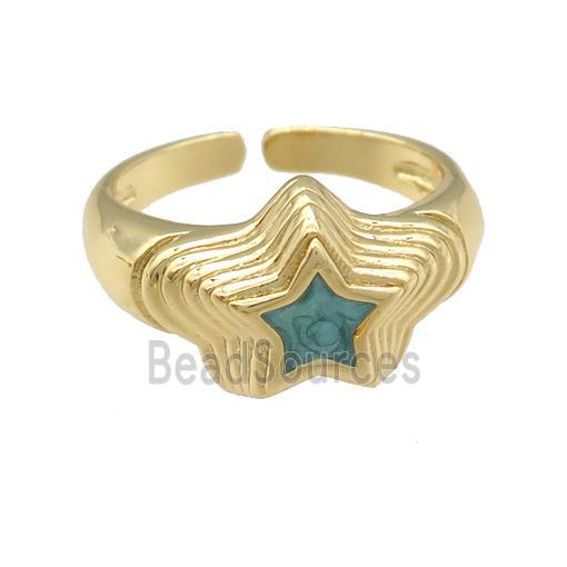 copper star Ring with green enamel, gold plated