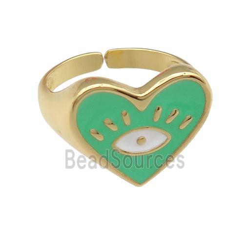 copper Ring with green enamel heart, gold plated