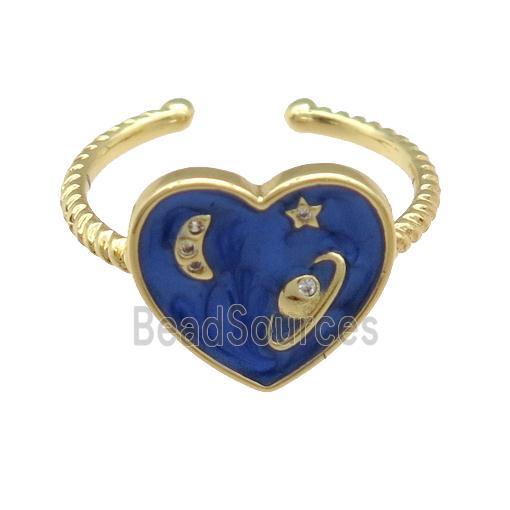 copper Ring with blue enamel heart, planet, gold plated