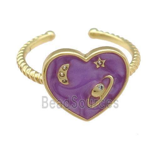 copper Ring with purple enamel heart, planet, gold plated