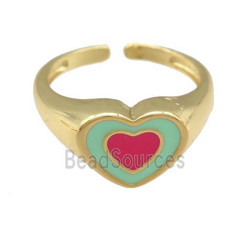 copper Ring with red enamel heart, gold plated