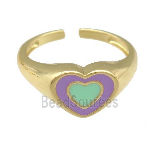 copper Ring with green enamel heart, gold plated