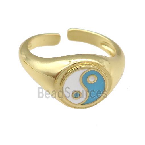 copper Ring with lt.blue enamel taichi, gold plated