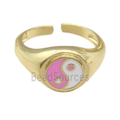 copper Ring with pink enamel taichi, gold plated