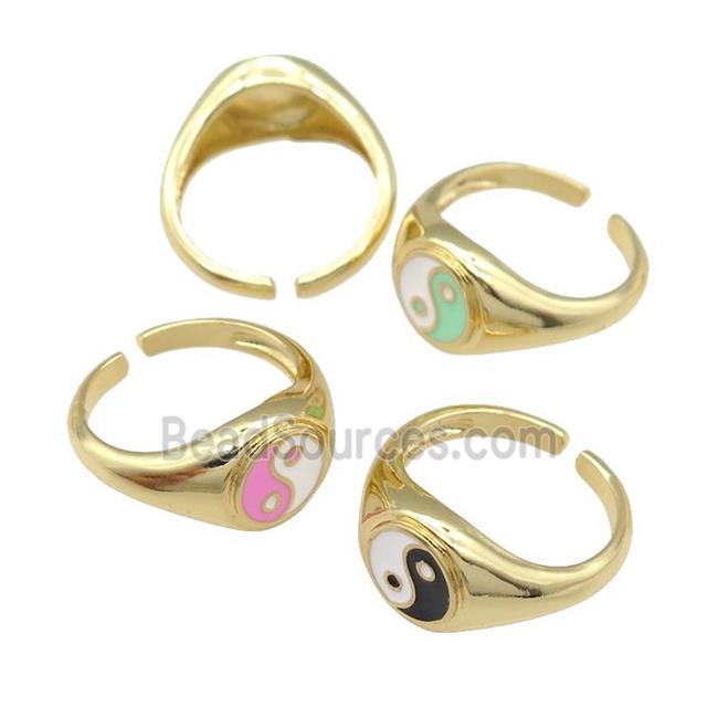 copper Ring with enamel taichi, gold plated, mixed