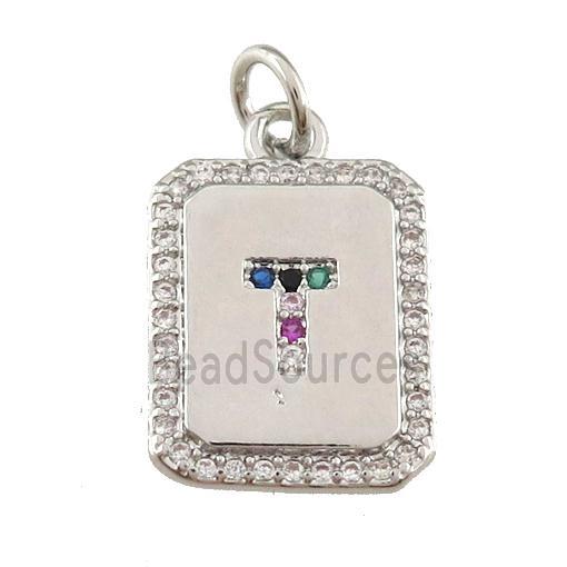 copper Letter-T pendant paved zircon, rectangle, platinum plated