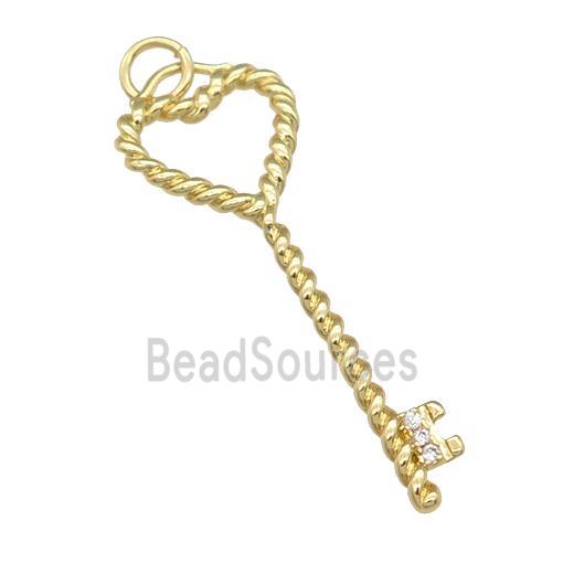 copper Key charm pendant paved zircon, gold plated