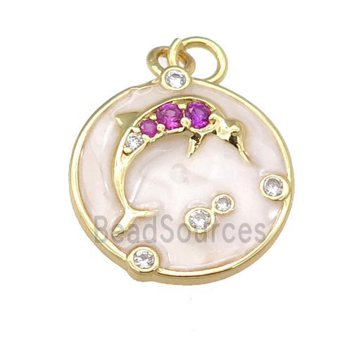 copper dolphin pendant paved zircon with white enamel, circle, gold plated