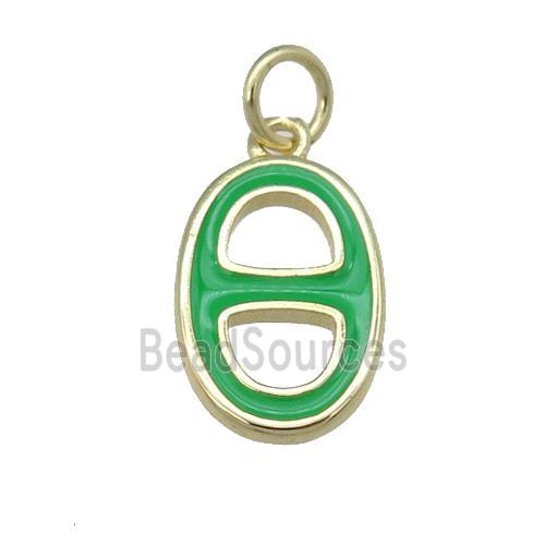 copper nose pendant with green enamel, gold plated