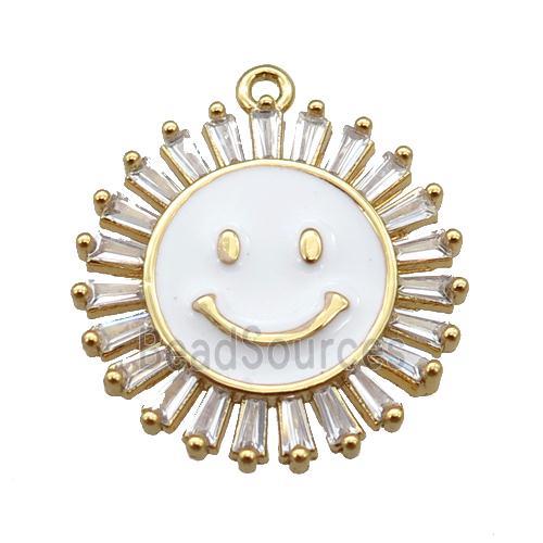 copper Emoji pendant paved zircon with white enamel, sunflower, gold plated