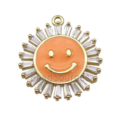 copper Emoji pendant paved zircon with orange enamel, gold plated