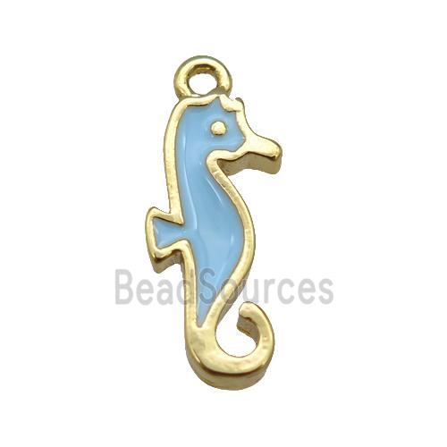 copper SeaHorse pendant with blue enamel, gold plated