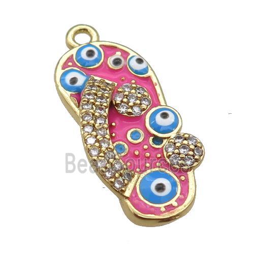 copper Shoe pendant paved zircon with hotpink enamel, evil eye, gold plated