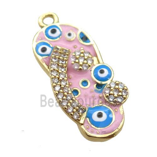 copper Shoe pendant paved zircon with pink enamel, evil eye, gold plated