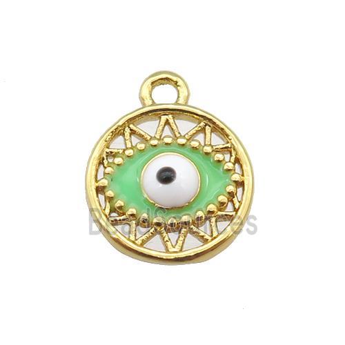 copper Evil eye pendant with green enamel, circle, gold plated