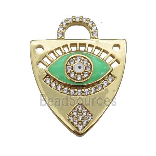 copper shield pendant paved zircon with green enamel Eye, gold plated