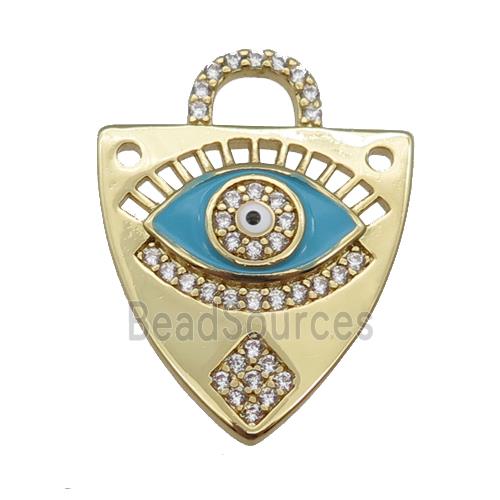 copper shield pendant paved zircon with lt.blue enamel Eye, gold plated