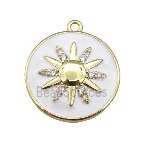 copper circle pendant paved zircon with white enamel sunflower, gold plated