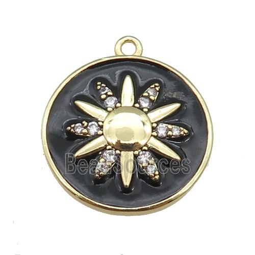 copper circle pendant paved zircon with black enamel sunflower, gold plated