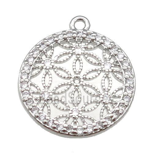 copper circle pendant paved zircon, flower of life, platinum plated