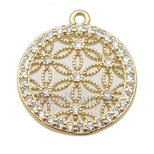 copper circle pendant paved zircon, flower of life, gold plated