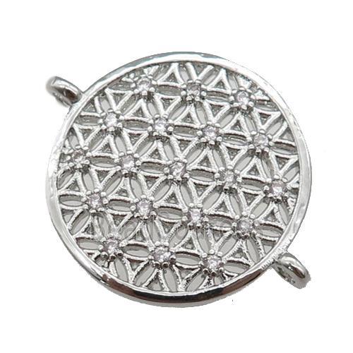 copper circle connector paved zircon, flower of life, platinum plated