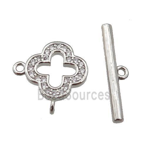 copper Toggle Clasp paved zircon, clover, platinum plated