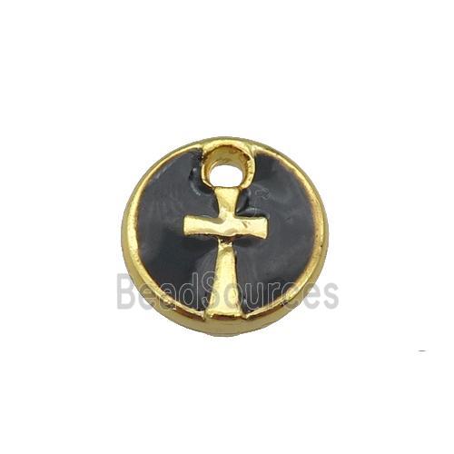 copper cross pendant with black enamel, circle, gold plated